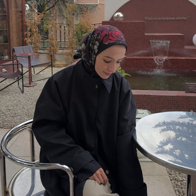 Midnight Rose Desen Pamuklu Viskon Eşarp Siyah