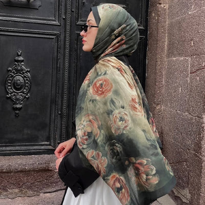 Marielle Desenli Pamuk Viskon Şal Koyu Yeşil