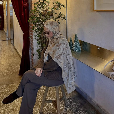 Reverie Desenli Pamuk Viskon Şal Bej