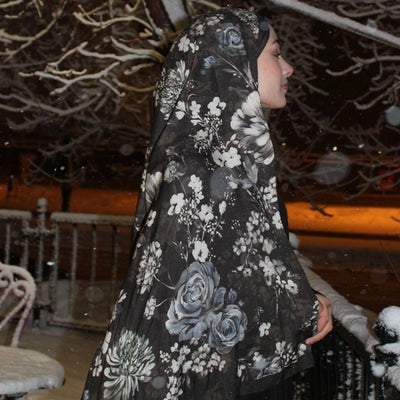 Midnight Rose Desenli Pamuk Viskon Şal Kahve