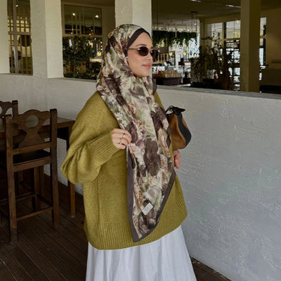 Rose Breeze Desenli Pamuk Viskon Şal Tozlu Kahve