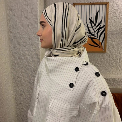 Striped Desen Rami Şal Ekru