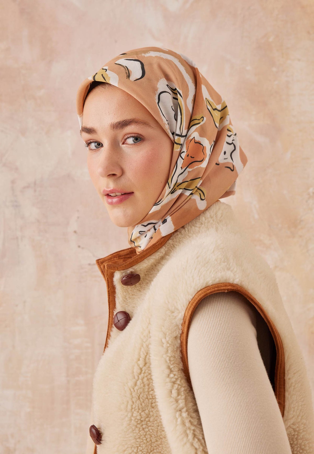 Pastel Turuncu Aspen Desen Pamuk İpek Eşarp