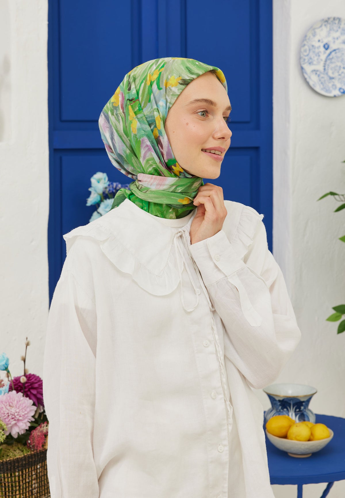 Yeşil Summer Sunset Desen Pamuk Vual Eşarp