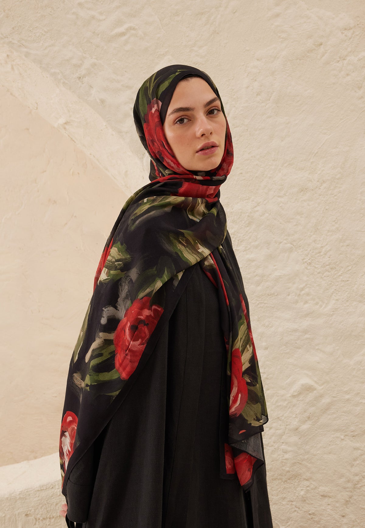 Kırmızı Summer Rose Desen Rami Şal