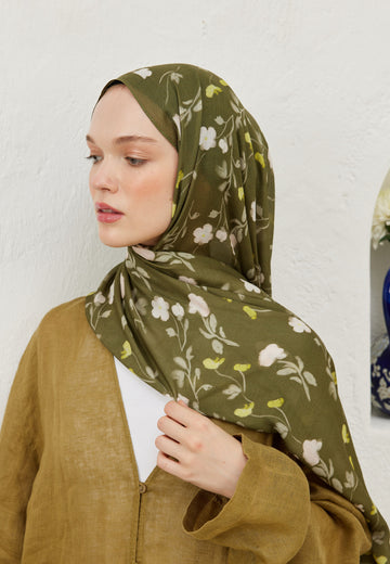 Haki Soft Flowers  Desen Rami Şal