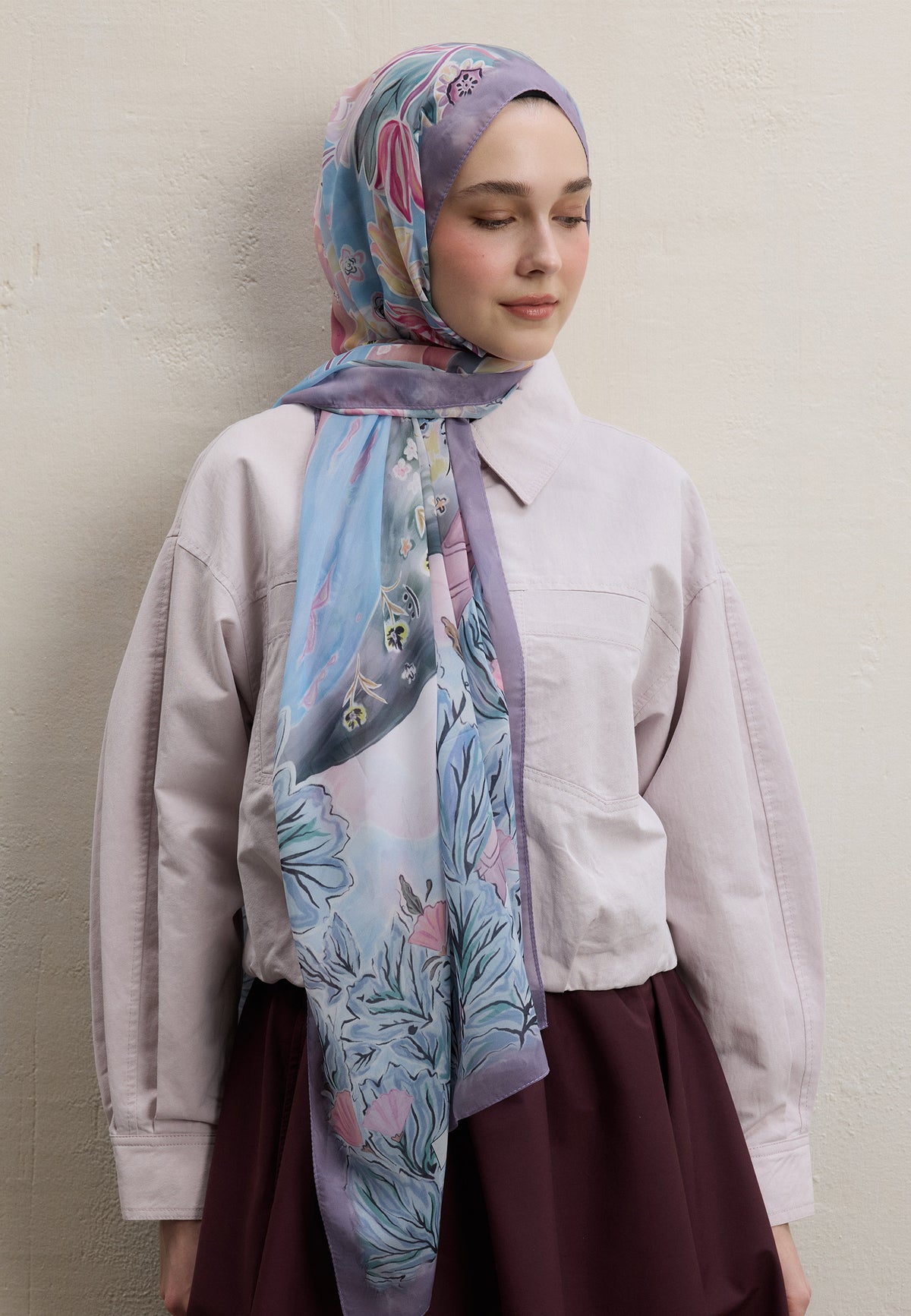 Soft Pembe Flower Dreams Desen İpek Krep Şal