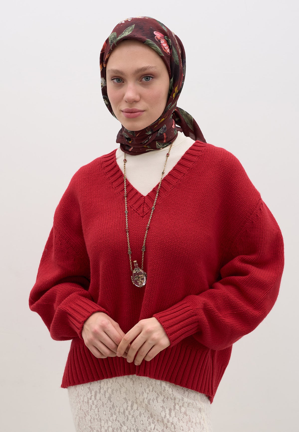 Bordo Flower Rain Desen Pamuklu Viskon Eşarp