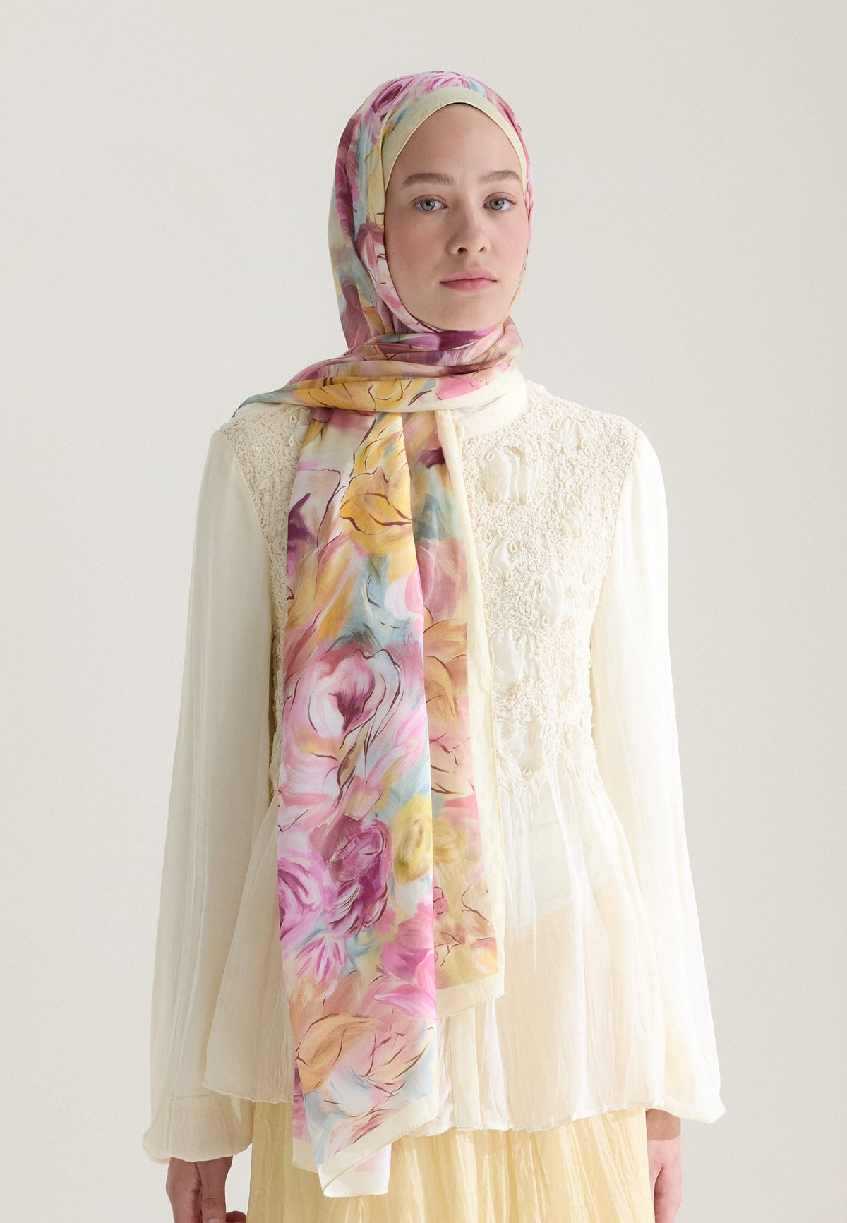 Pastel Sarı Rose Garden Floş Viskon Şal
