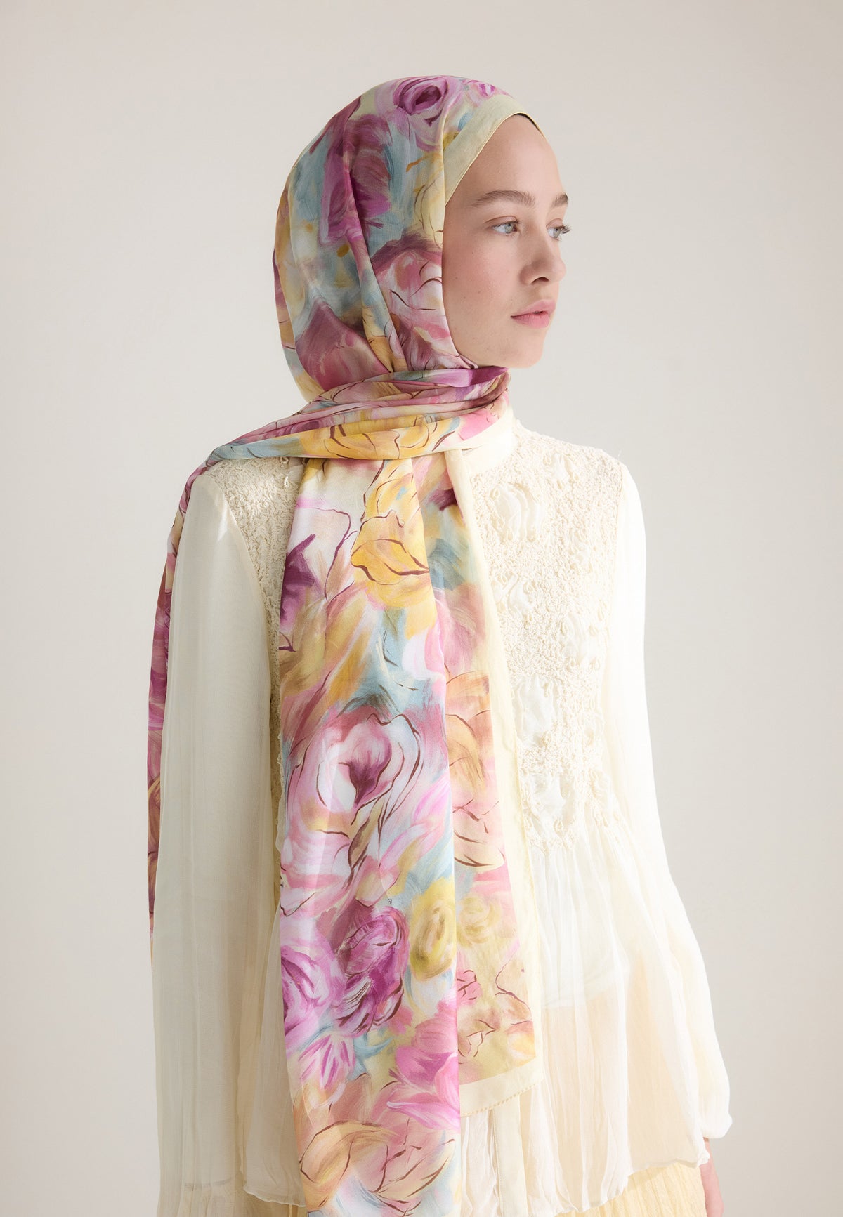 Pastel Sarı Rose Garden Floş Viskon Şal