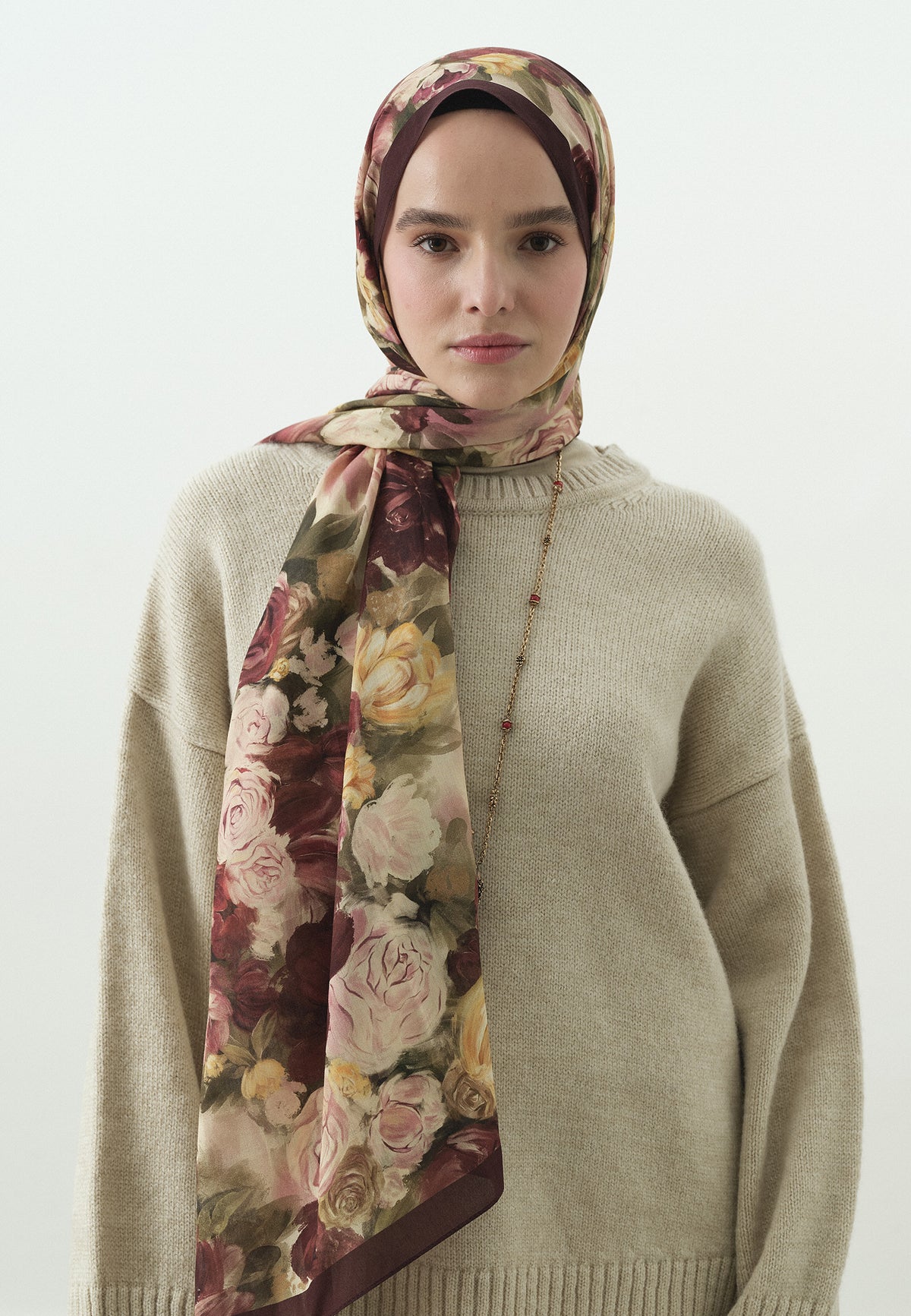 Bordo Rose Breeze Desenli Pamuk Viskon Şal