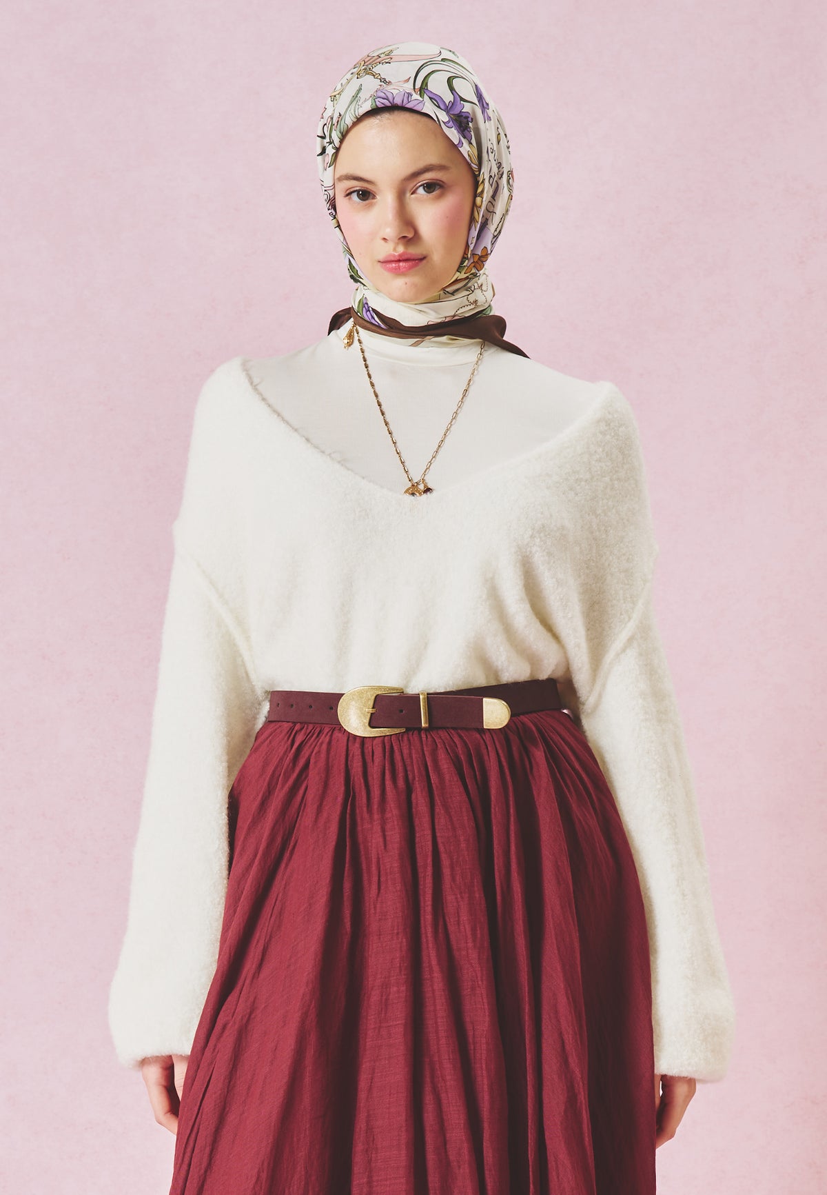 Once Upon A Love Desen Floş Viskon Eşarp Wood Brown