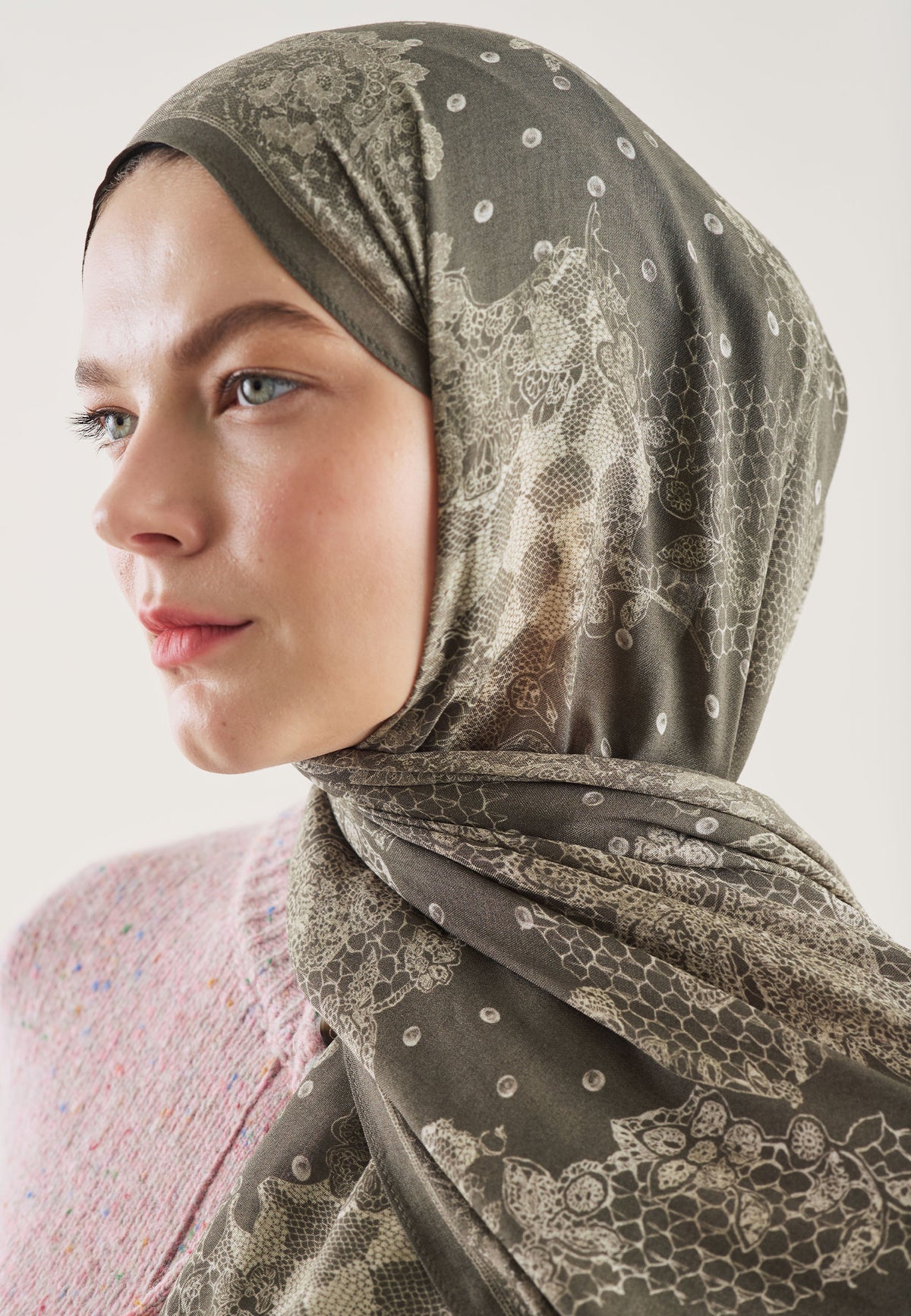 Soft Haki Floral Lace Desen Rami Şal