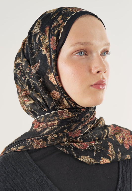 Siyah Ethnıc Blossom Desen Soft Viskon Şal