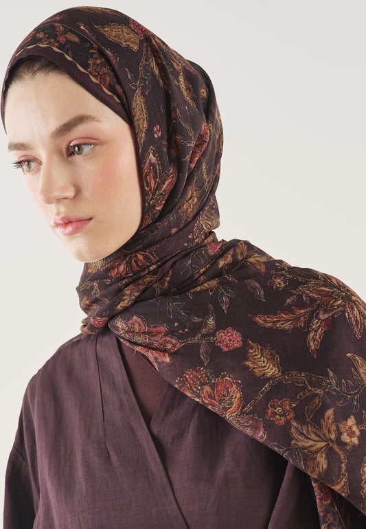 Koyu Bordo Ethnıc Blossom Desen Soft Viskon Şal