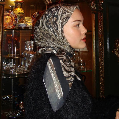 Ethnic Floral Desen Pamuk İpek Eşarp Kahve