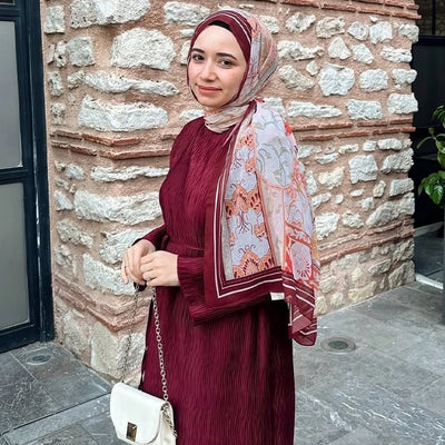 Lilies Desen İpek Krep Şal Kiremit